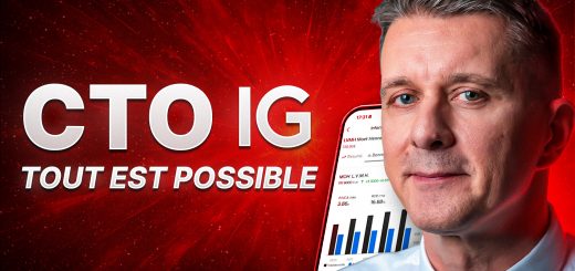 Illustration présentant un fond rouge dynamique avec un effet d’explosion lumineuse. À gauche, le texte en lettres capitales indique “CTO IG – Tout est possible”. À droite, le visage d’un homme en gros plan, légèrement souriant, avec en arrière-plan l’écran d’un smartphone affichant des graphiques boursiers et des données financières. L’ensemble met en avant le nouveau Compte-Titres d’IG et son univers trading/finance.