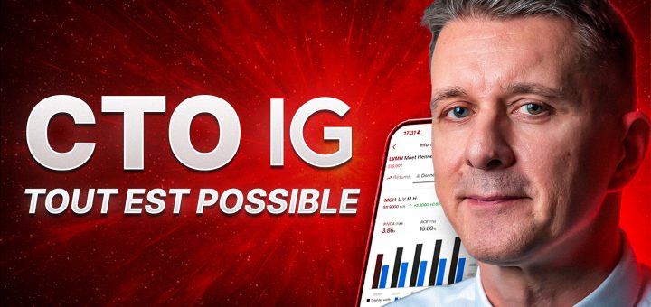 Illustration présentant un fond rouge dynamique avec un effet d’explosion lumineuse. À gauche, le texte en lettres capitales indique “CTO IG – Tout est possible”. À droite, le visage d’un homme en gros plan, légèrement souriant, avec en arrière-plan l’écran d’un smartphone affichant des graphiques boursiers et des données financières. L’ensemble met en avant le nouveau Compte-Titres d’IG et son univers trading/finance.
