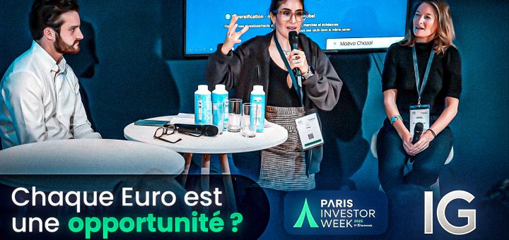 Experts des marchés financiers lors d’une intervention sur la bourse et le money management, capturé lors du salon Paris Investor Week avec un graphique de trading en arrière-plan. Intervenants : Maëva Chazal / finance.thomas / Marieka Finot